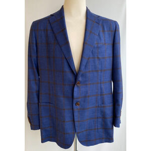 Mint Condition Santarelli Jacket Bespoke US 44L Blue Plaid Wool Silk Linen